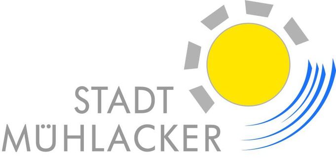 Logo mit Text STADT MÜHLACKER, stilisierte gelbe Sonne und blaue Wellen